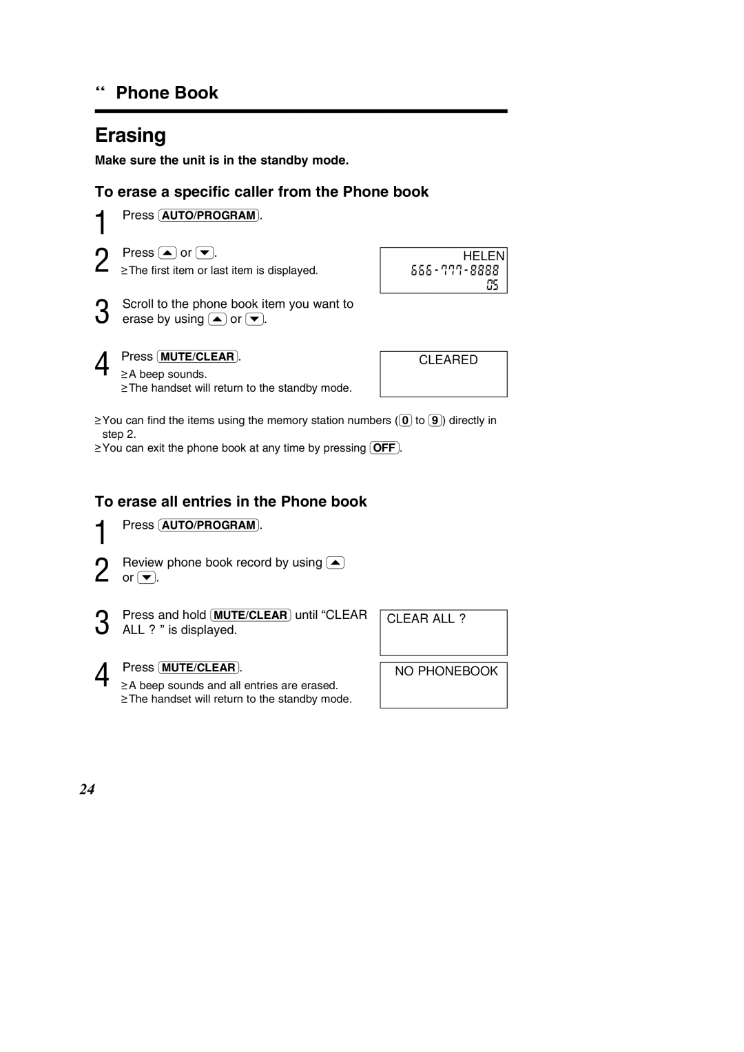 Panasonic KX-TC1484F Erasing, To erase a speciﬁc caller from the Phone book, To erase all entries in the Phone book 