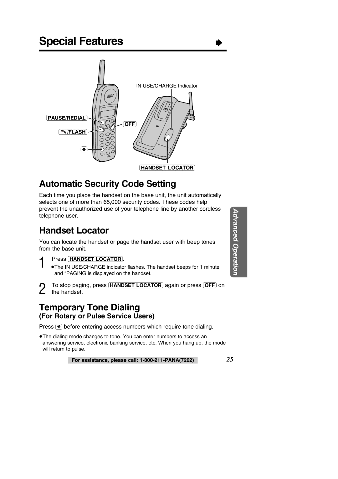 Panasonic KX-TC1484F Special Features, Automatic Security Code Setting, Handset Locator, Temporary Tone Dialing 