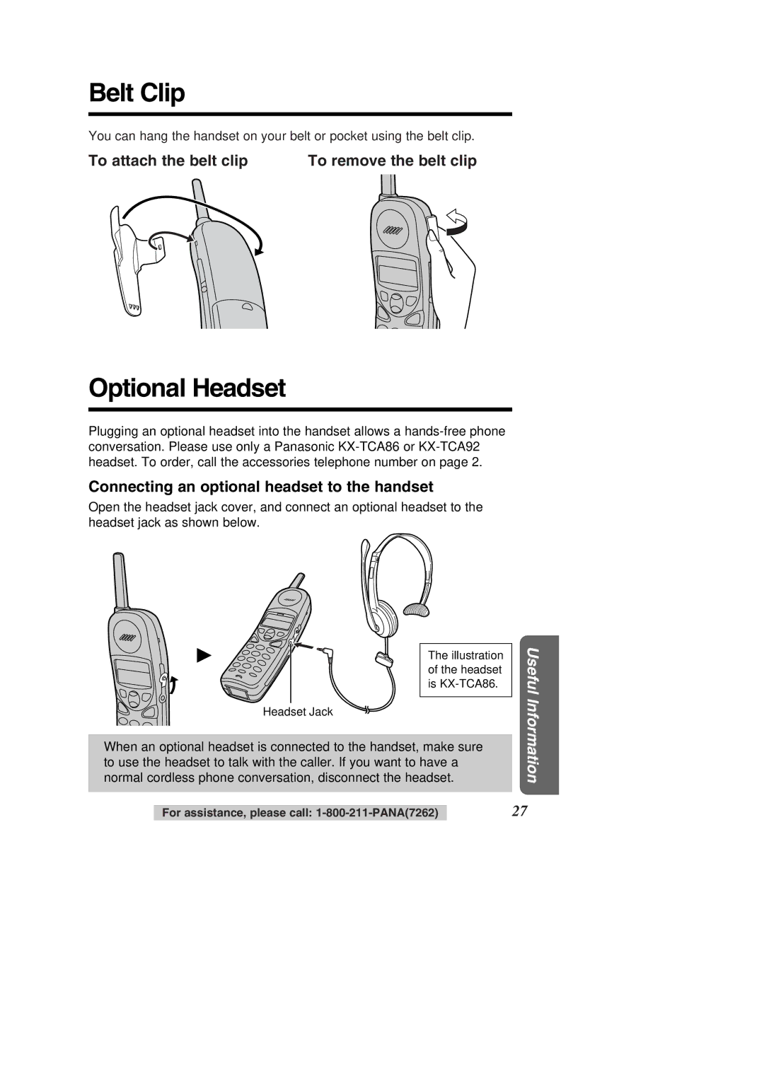 Panasonic KX-TC1484F operating instructions Belt Clip, Optional Headset, To attach the belt clip To remove the belt clip 