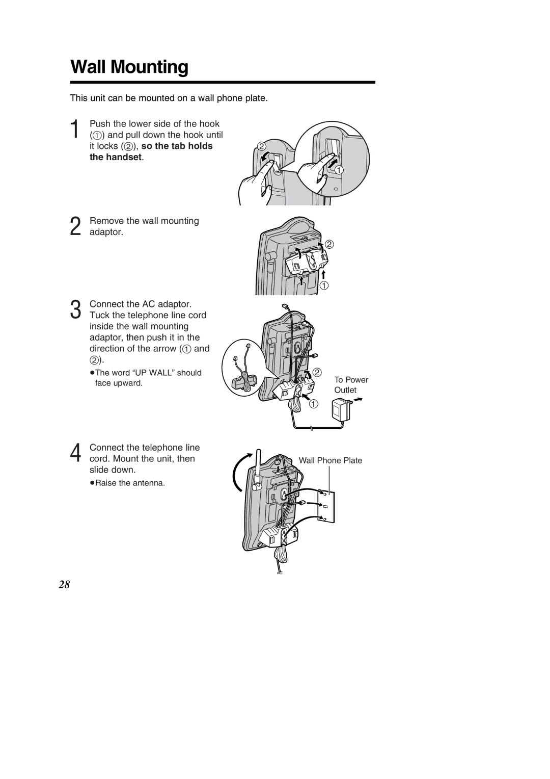 Panasonic KX-TC1484F operating instructions Wall Mounting, It locks 2, so the tab holds Handset 