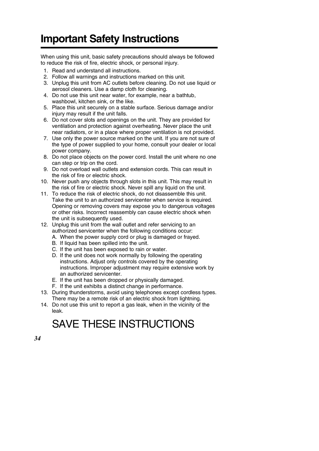 Panasonic KX-TC1484F operating instructions Important Safety Instructions 