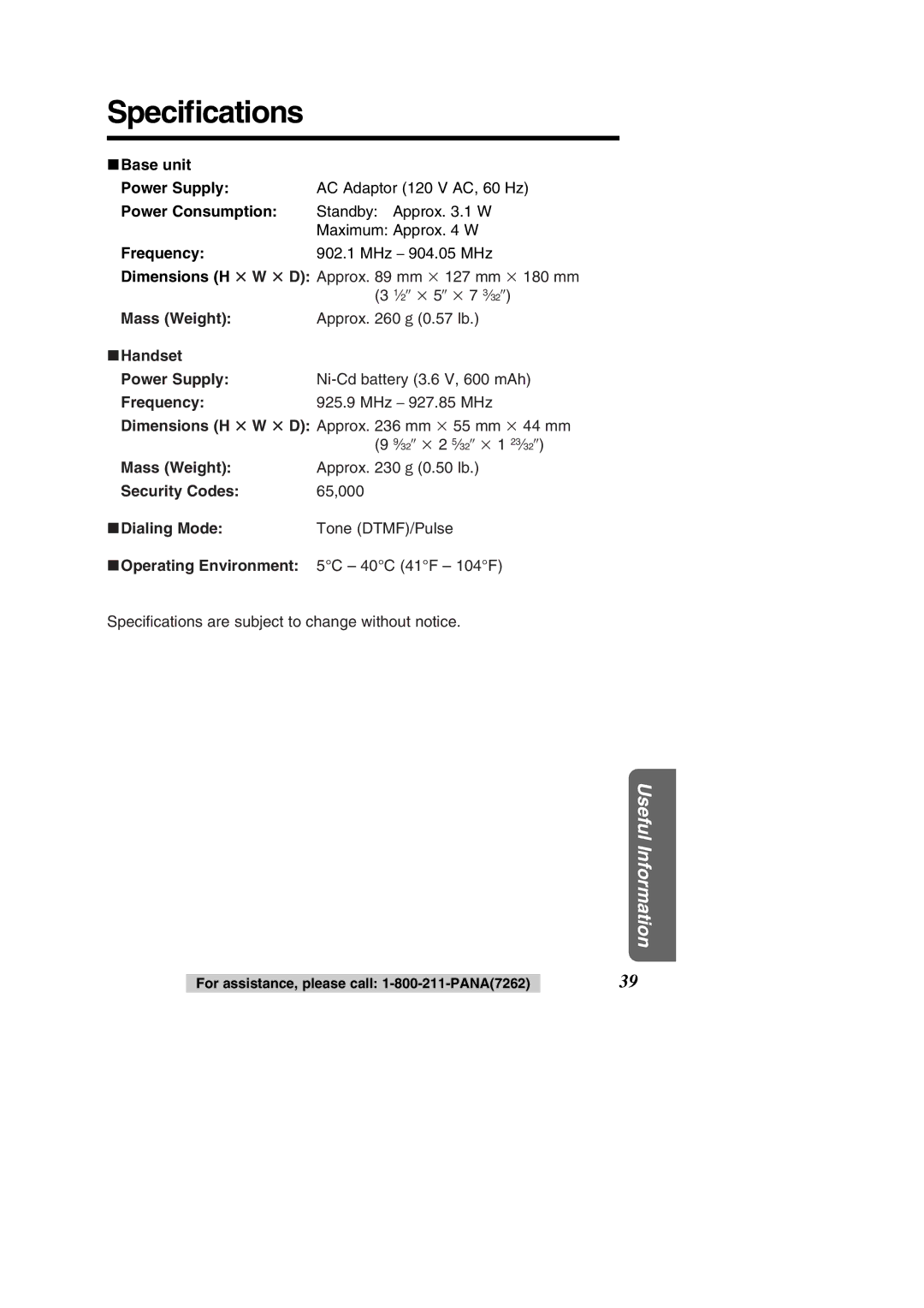 Panasonic KX-TC1484F operating instructions Speciﬁcations 