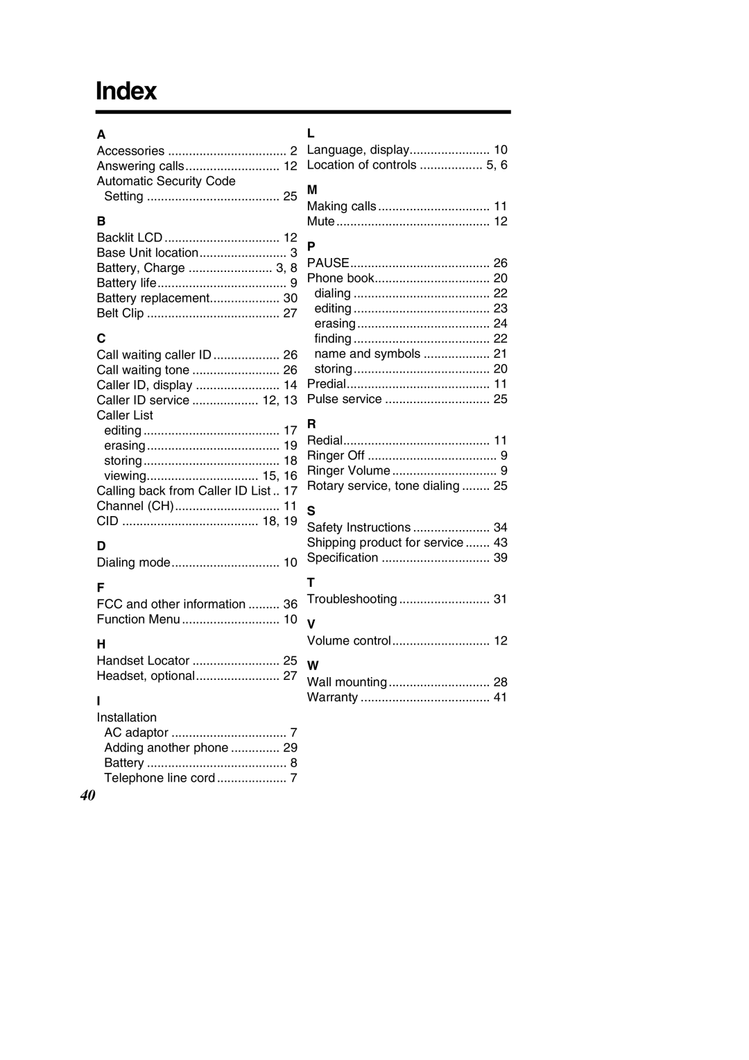 Panasonic KX-TC1484F operating instructions Index 