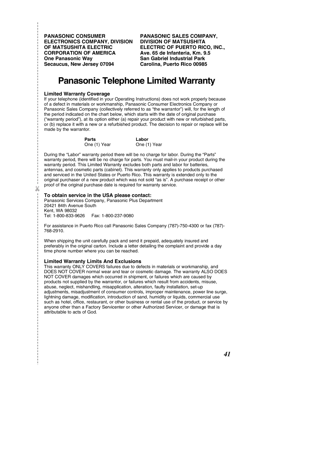 Panasonic KX-TC1484F operating instructions Panasonic Telephone Limited Warranty, Limited Warranty Coverage 