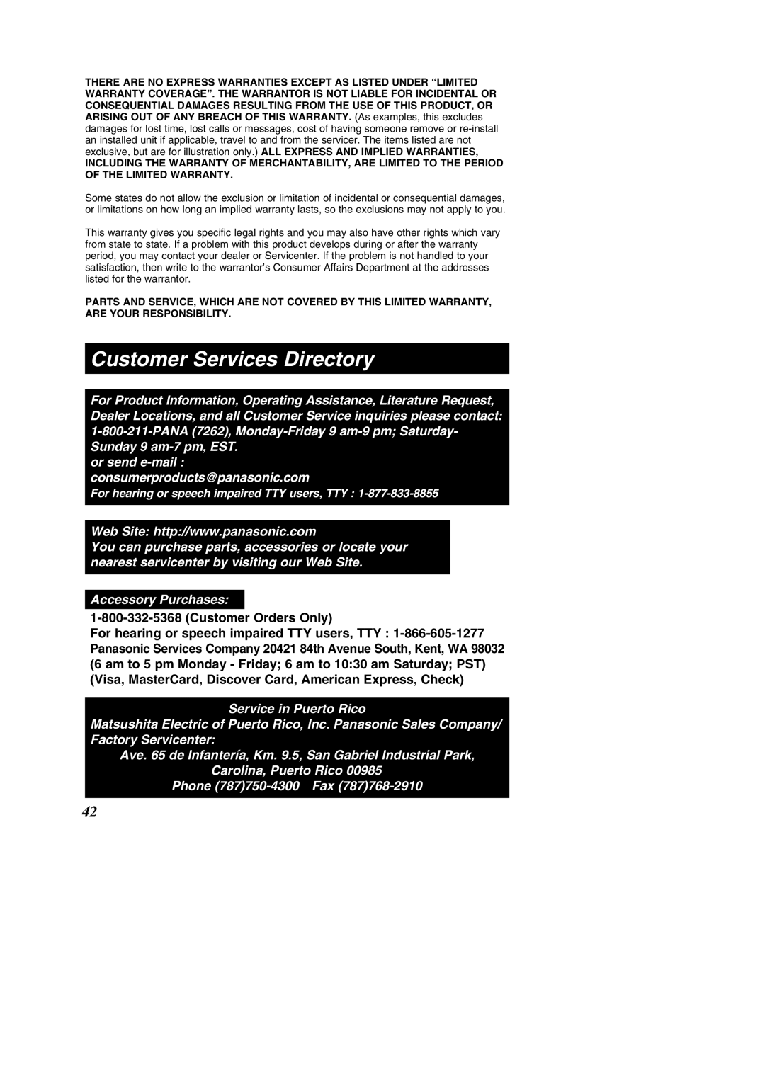 Panasonic KX-TC1484F operating instructions Customer Services Directory 