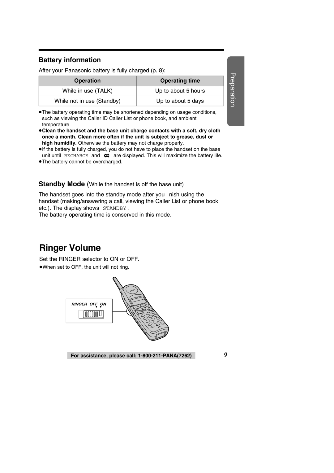 Panasonic KX-TC1484F Ringer Volume, Battery information, After your Panasonic battery is fully charged p 