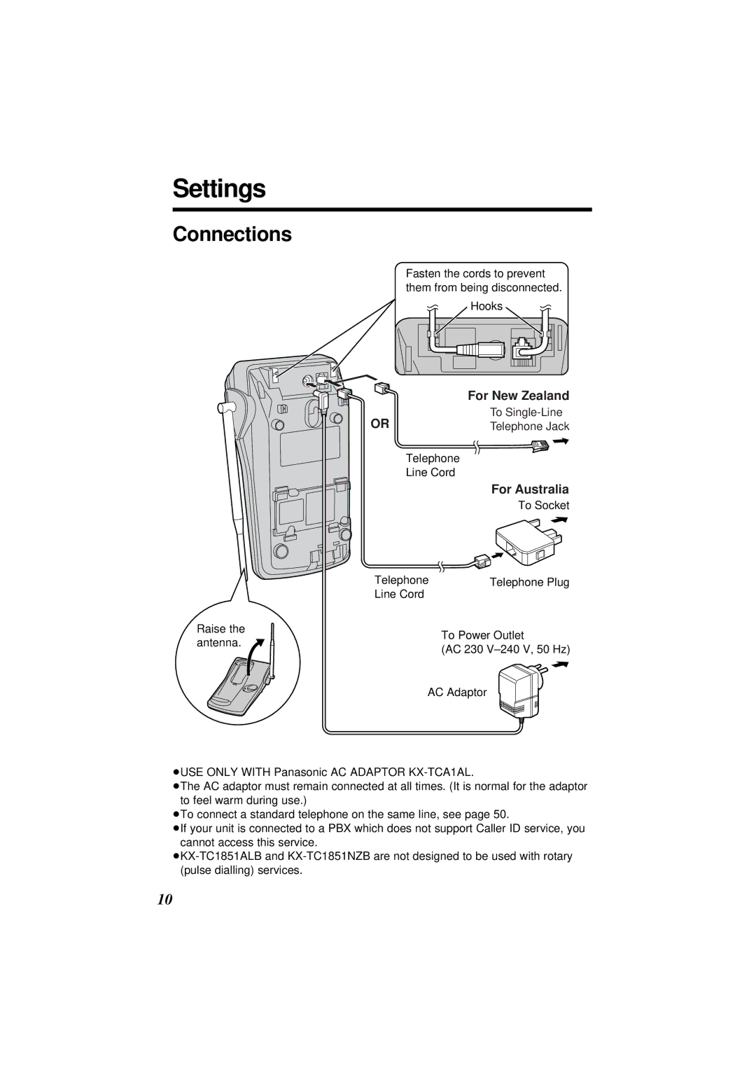 Panasonic KX-TC1851ALB, KX-TC1851NZB operating instructions Settings, Connections 