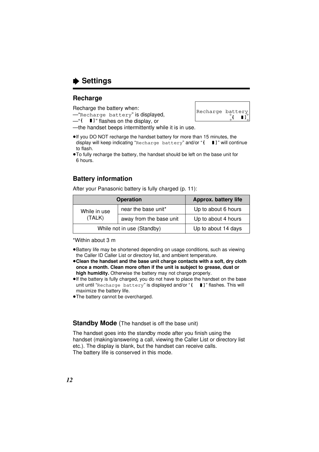 Panasonic KX-TC1851ALB, KX-TC1851NZB Recharge, Battery information, After your Panasonic battery is fully charged p 