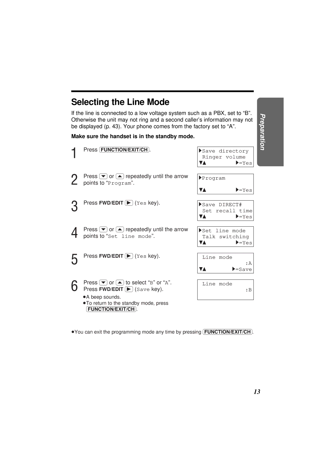 Panasonic KX-TC1851NZB, KX-TC1851ALB Selecting the Line Mode, Make sure the handset is in the standby mode 