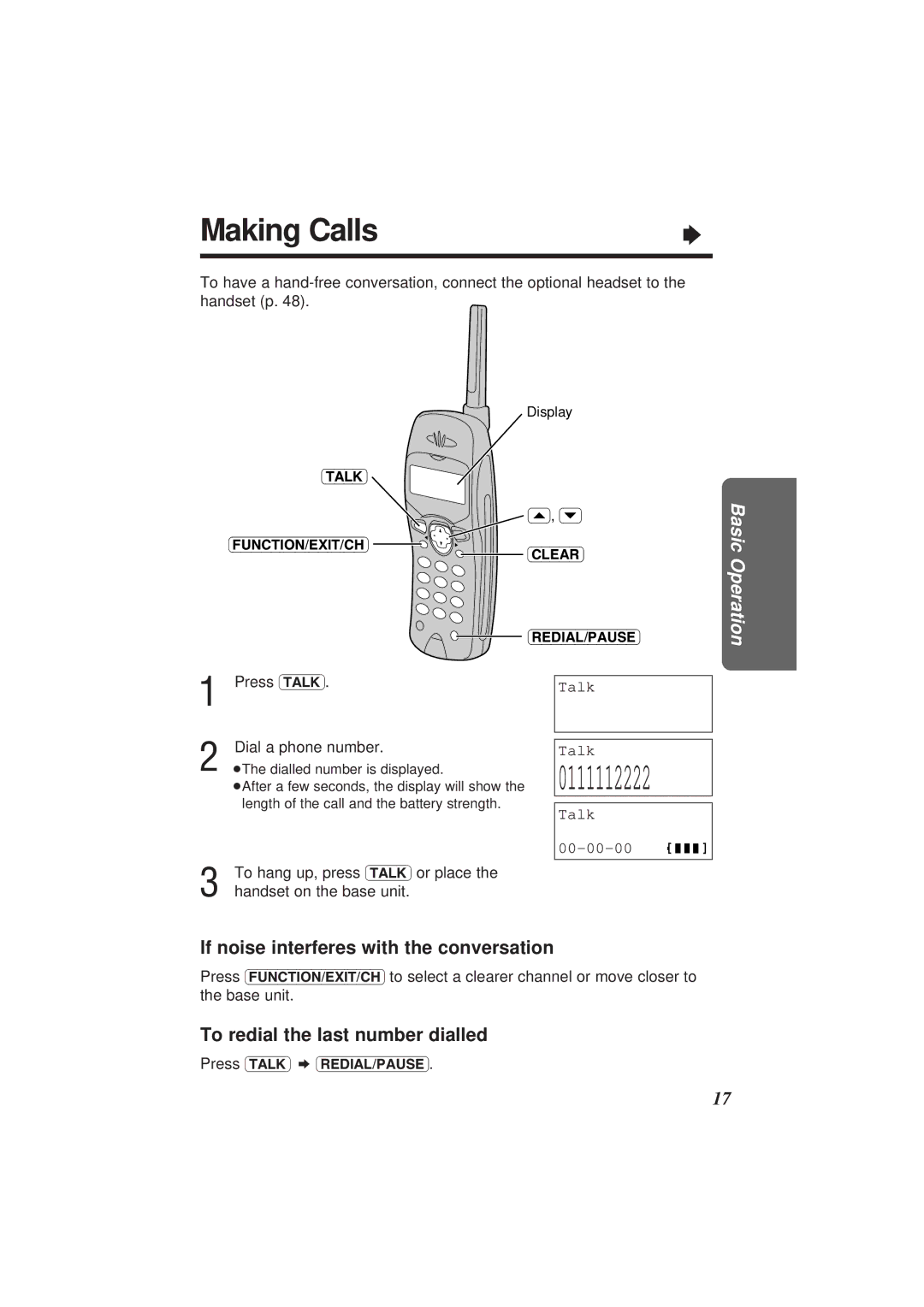 Panasonic KX-TC1851NZB Making Calls, If noise interferes with the conversation, To redial the last number dialled, Talk 