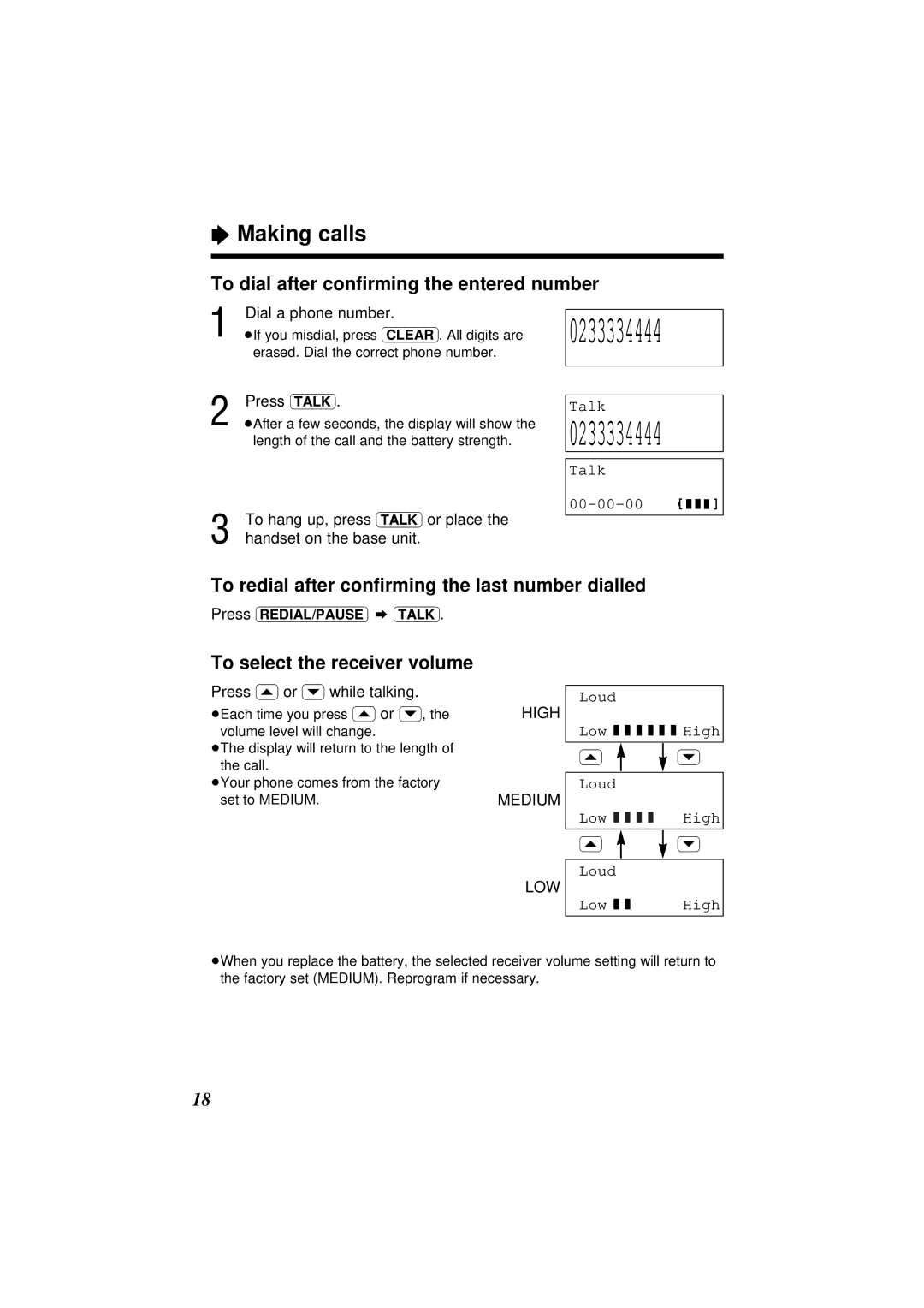 Panasonic KX-TC1851ALB To dial after conﬁrming the entered number, To redial after conﬁrming the last number dialled, Loud 