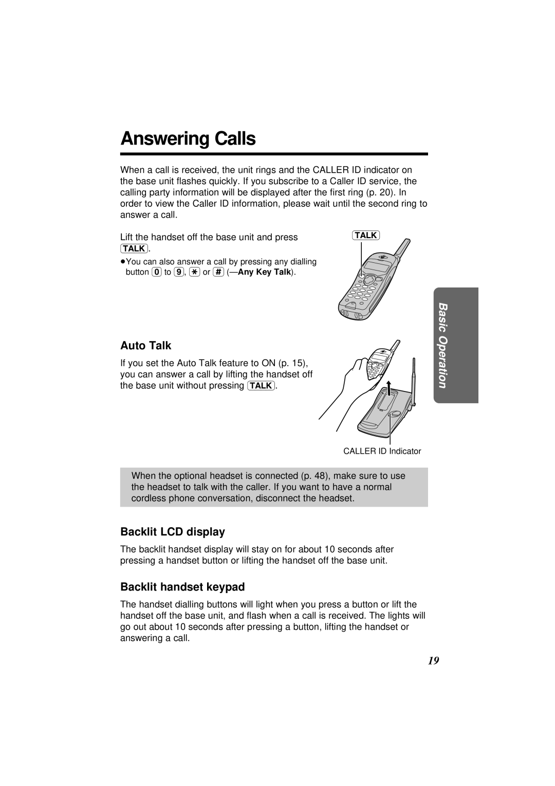 Panasonic KX-TC1851NZB, KX-TC1851ALB Answering Calls, Auto Talk, Backlit LCD display, Backlit handset keypad 