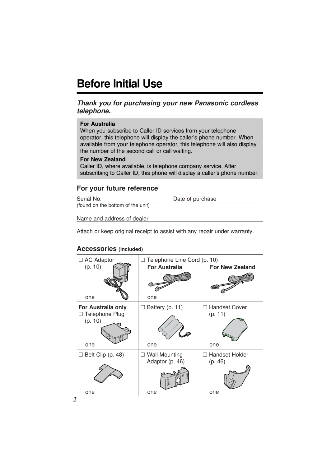 Panasonic KX-TC1851ALB, KX-TC1851NZB Before Initial Use, For your future reference, Accessories included 