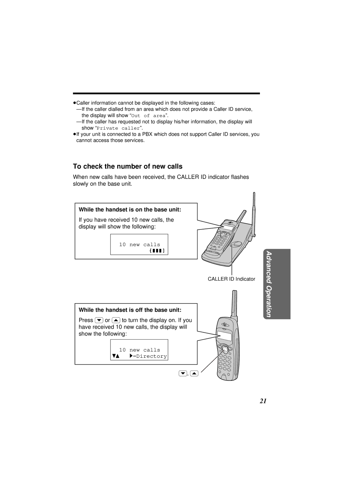 Panasonic KX-TC1851NZB To check the number of new calls, While the handset is on the base unit, New calls 43 1=Directory 