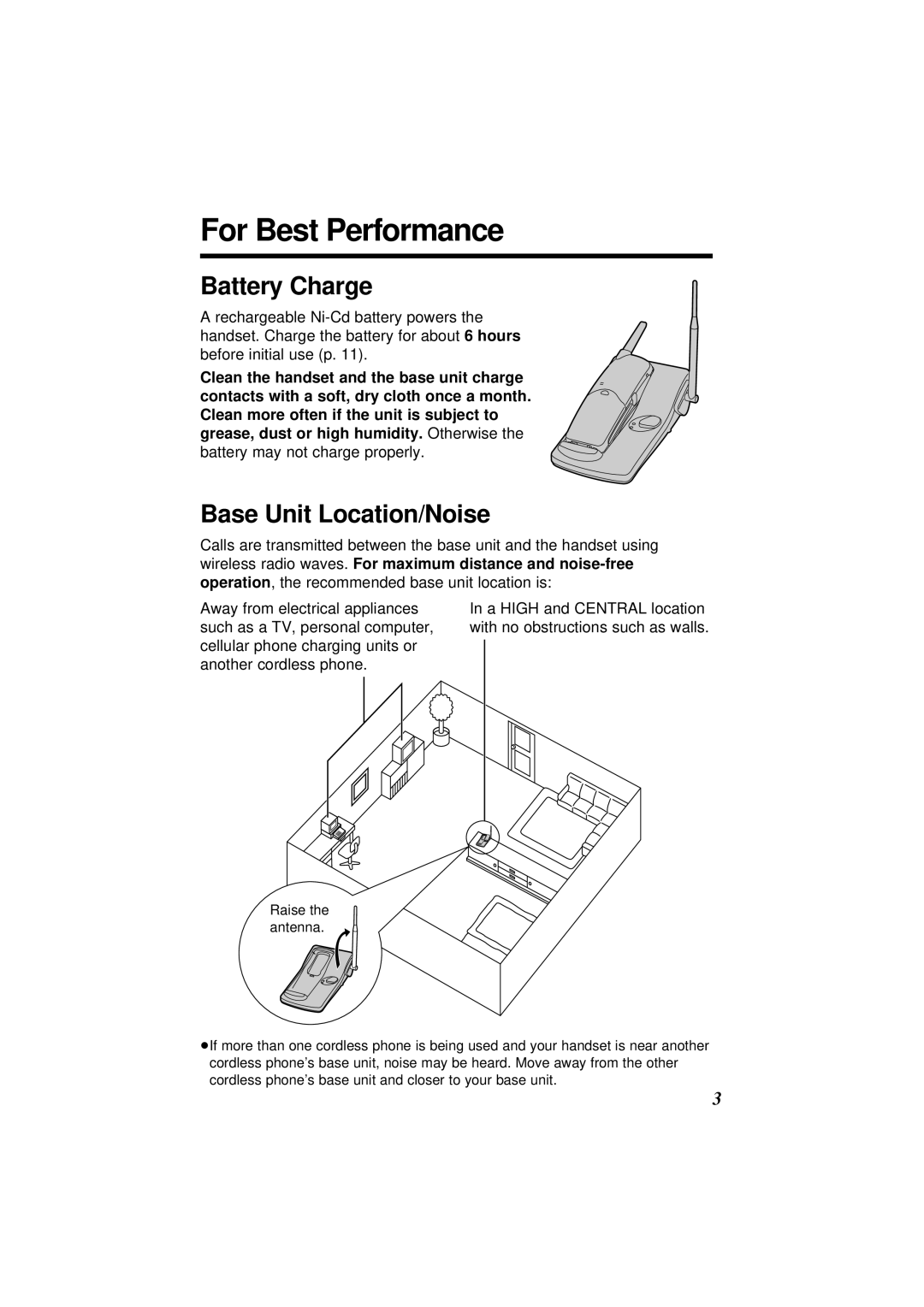 Panasonic KX-TC1851NZB, KX-TC1851ALB operating instructions For Best Performance, Battery Charge, Base Unit Location/Noise 