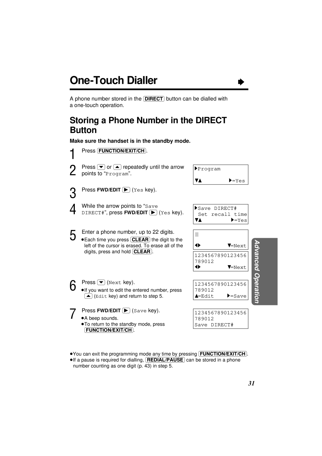 Panasonic KX-TC1851NZB, KX-TC1851ALB One-Touch Dialler, Storing a Phone Number in the Direct Button, Press Ý Next key 