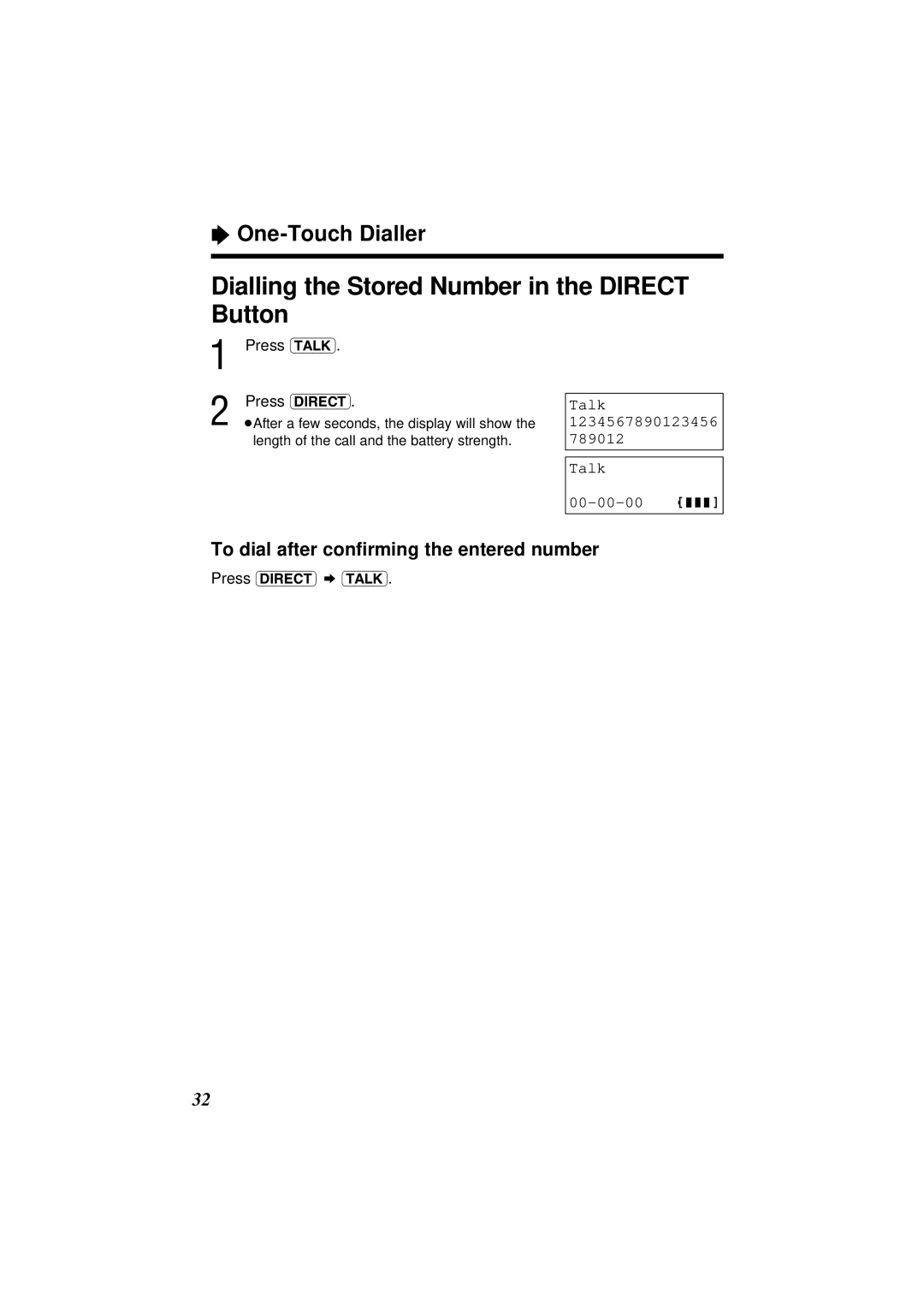 Panasonic KX-TC1851ALB, KX-TC1851NZB Dialling the Stored Number in the Direct Button, Talk 1234567890123456 00-00-00 