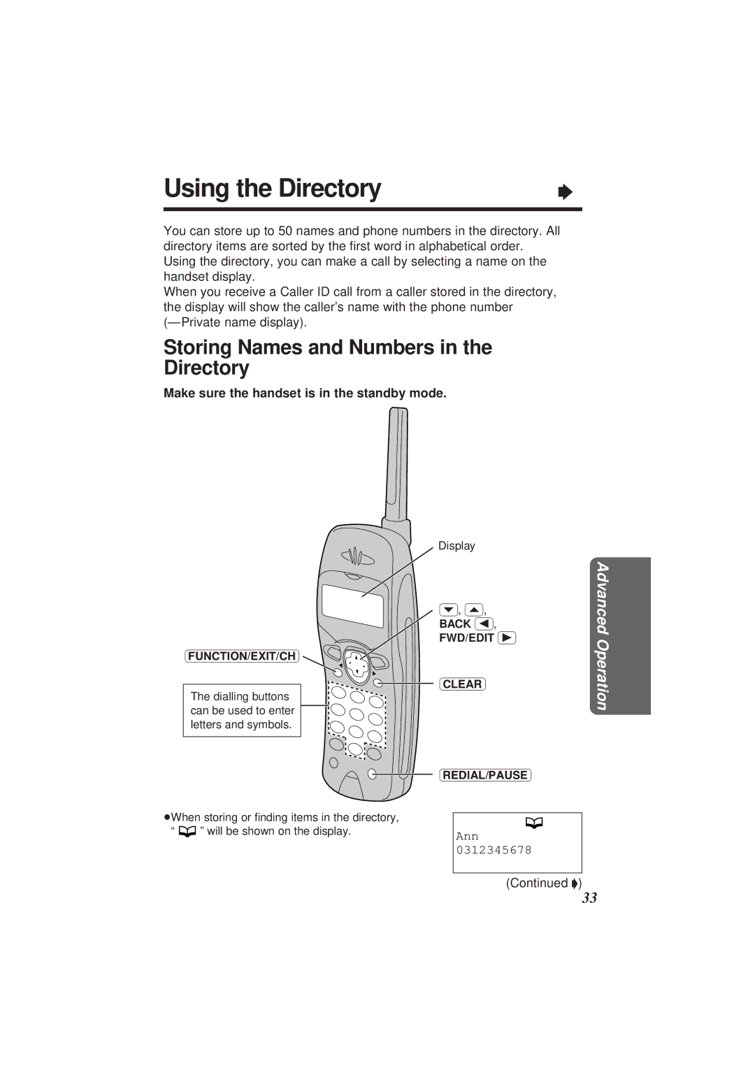 Panasonic KX-TC1851NZB, KX-TC1851ALB operating instructions Using the Directory, Storing Names and Numbers in the Directory 