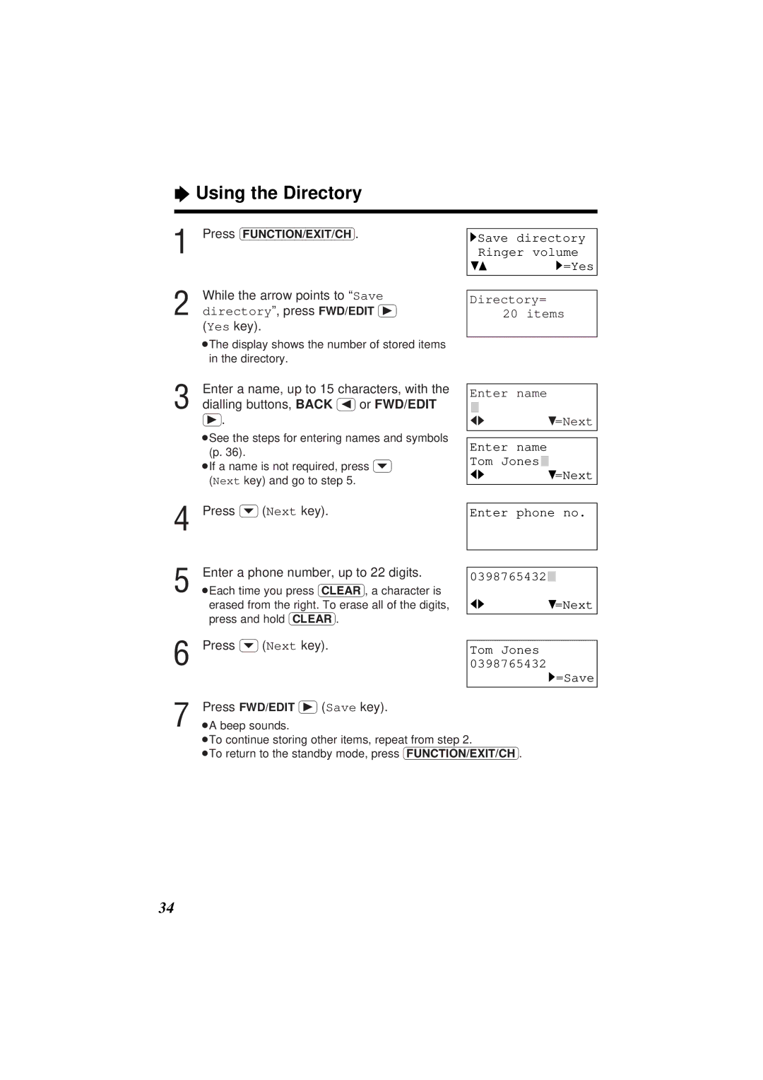 Panasonic KX-TC1851ALB, KX-TC1851NZB operating instructions 1Save directory Ringer volume 43 1=Yes Directory= 20 items 