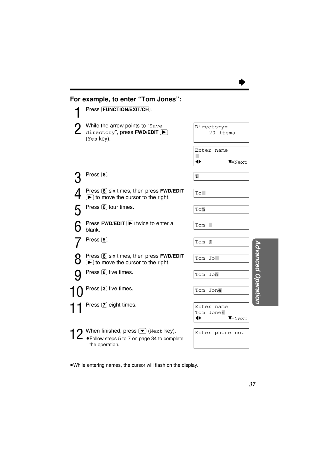 Panasonic KX-TC1851NZB, KX-TC1851ALB operating instructions For example, to enter Tom Jones 