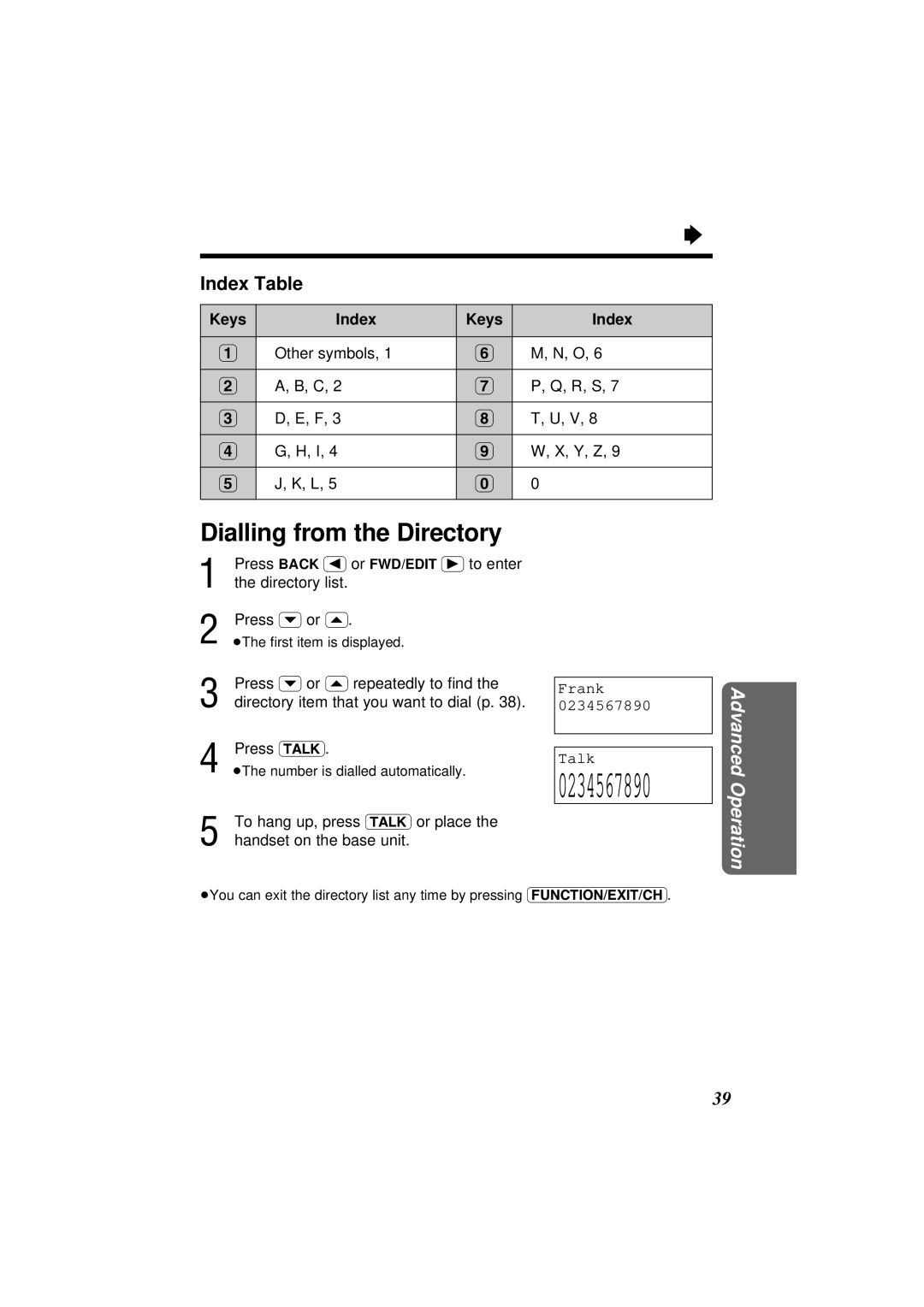 Panasonic KX-TC1851NZB, KX-TC1851ALB operating instructions Dialling from the Directory, Index Table, Keys Index, Frank Talk 