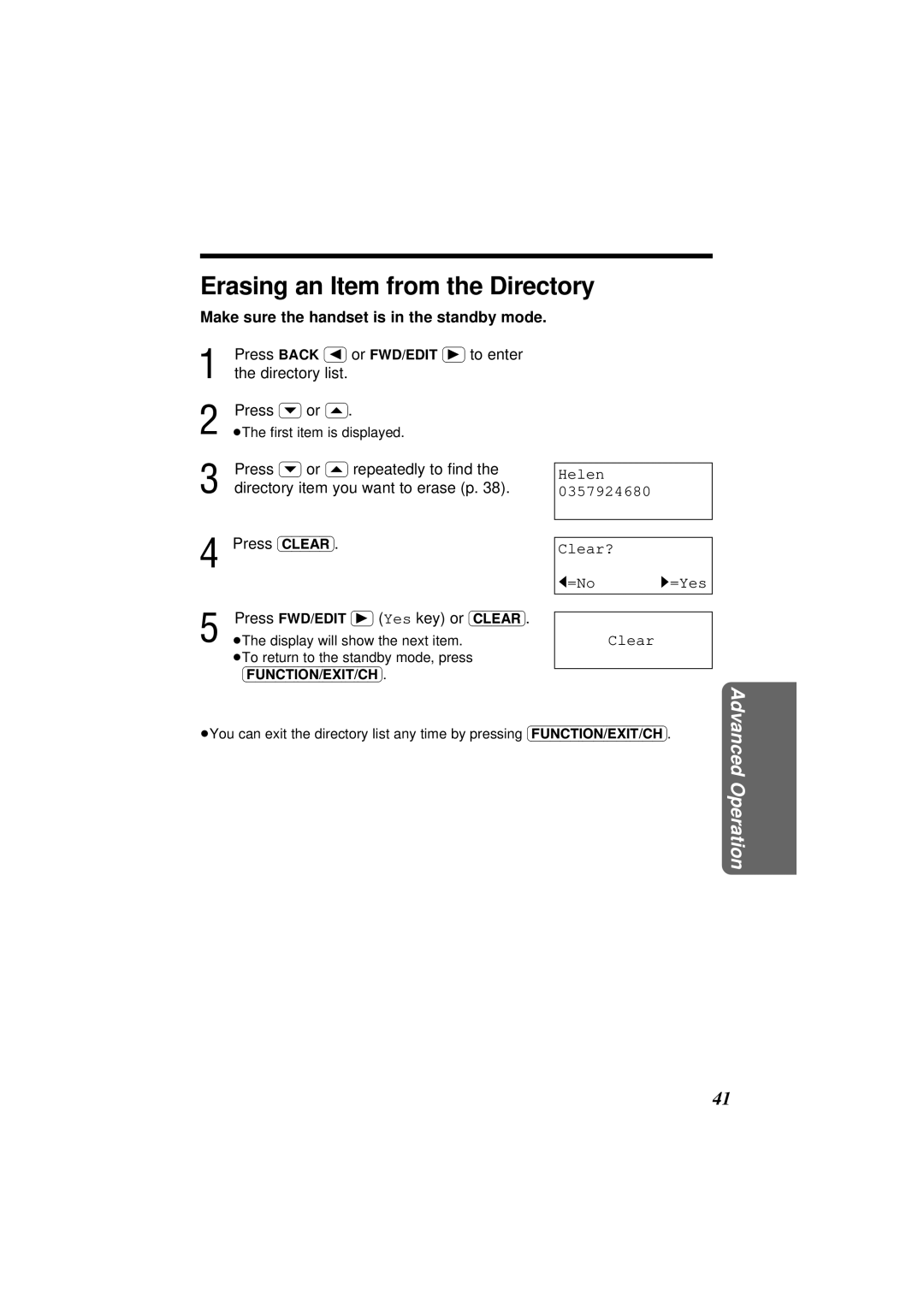 Panasonic KX-TC1851NZB Erasing an Item from the Directory, Directory item you want to erase p, Helen, Clear? =No 1=Yes 