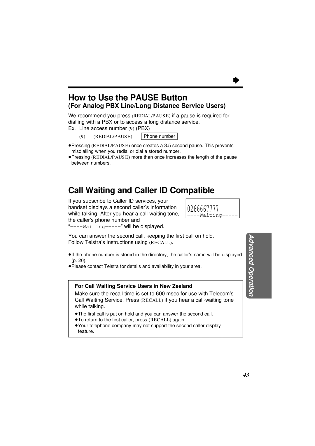 Panasonic KX-TC1851NZB, KX-TC1851ALB How to Use the Pause Button, Call Waiting and Caller ID Compatible 