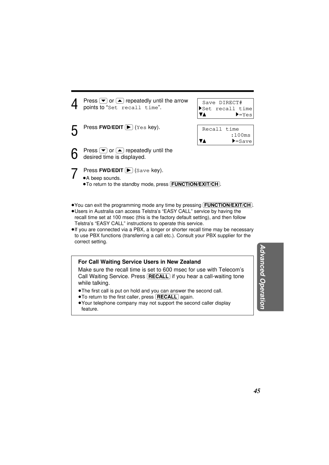 Panasonic KX-TC1851NZB, KX-TC1851ALB Points to Set recall time, Press Ý or Ü repeatedly until, Desired time is displayed 