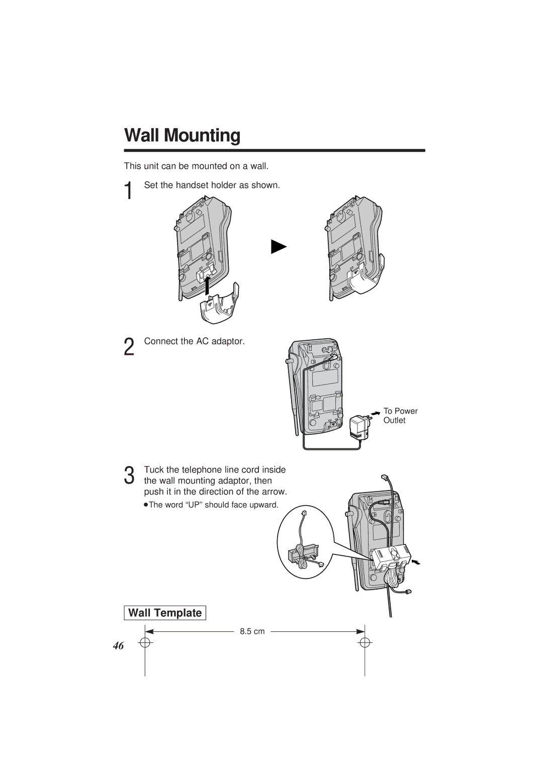 Panasonic KX-TC1851ALB Wall Mounting, Wall Template, Tuck the telephone line cord inside, Wall mounting adaptor, then 