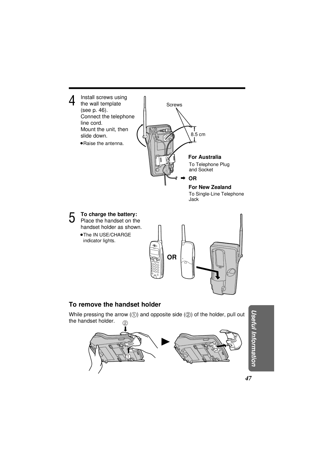 Panasonic KX-TC1851NZB To remove the handset holder, To charge the battery, Place the handset on, Handset holder as shown 