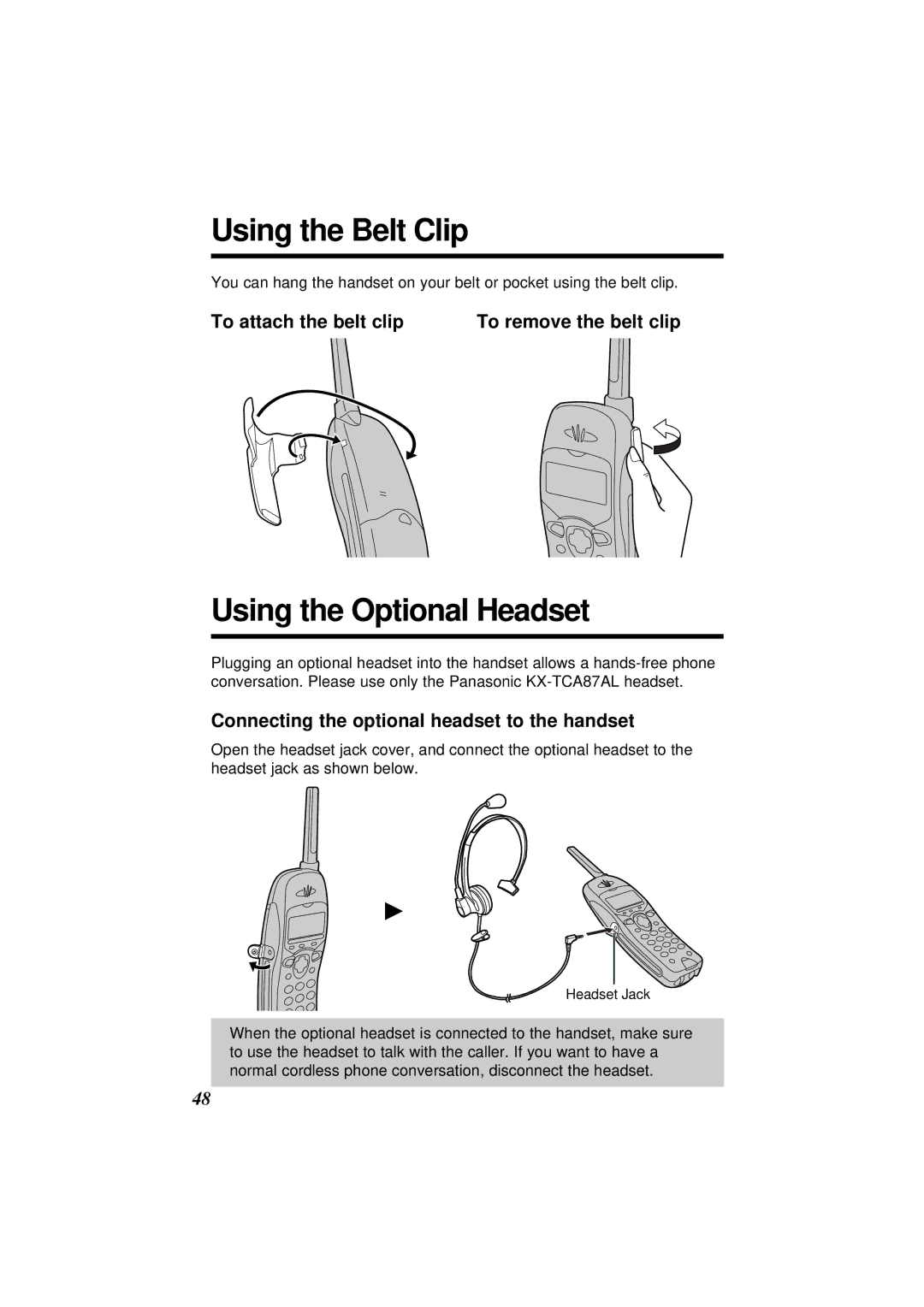 Panasonic KX-TC1851ALB Using the Belt Clip, Using the Optional Headset, To attach the belt clip To remove the belt clip 