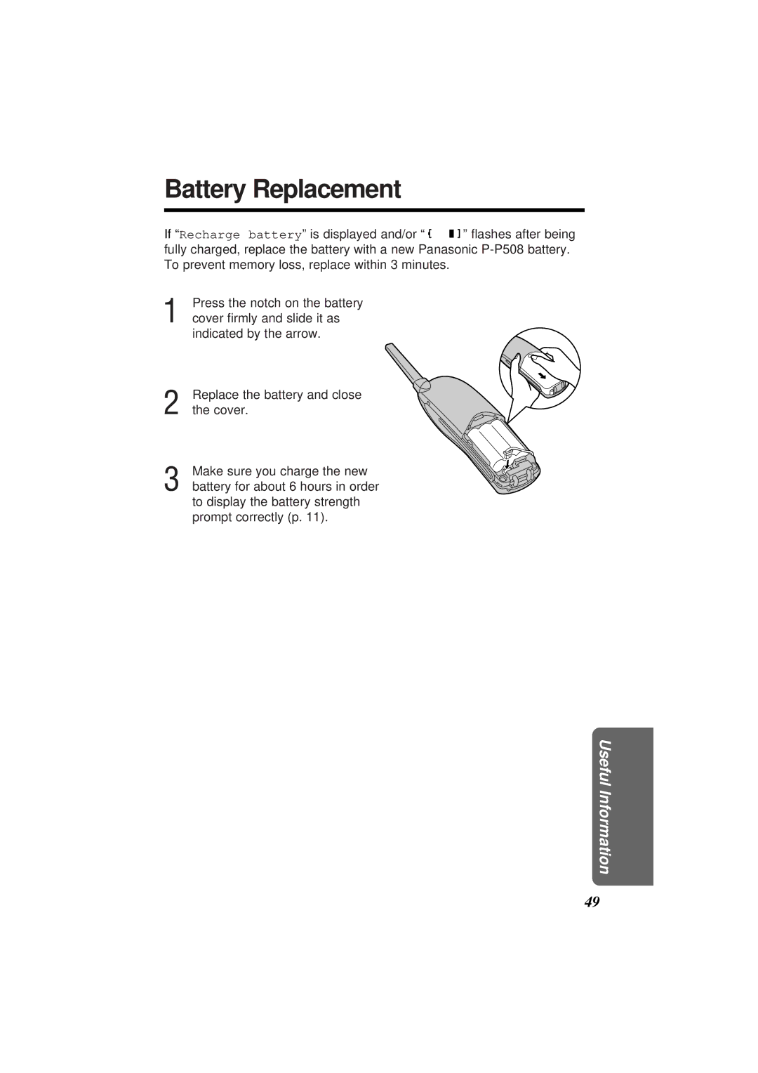 Panasonic KX-TC1851NZB, KX-TC1851ALB operating instructions Battery Replacement 