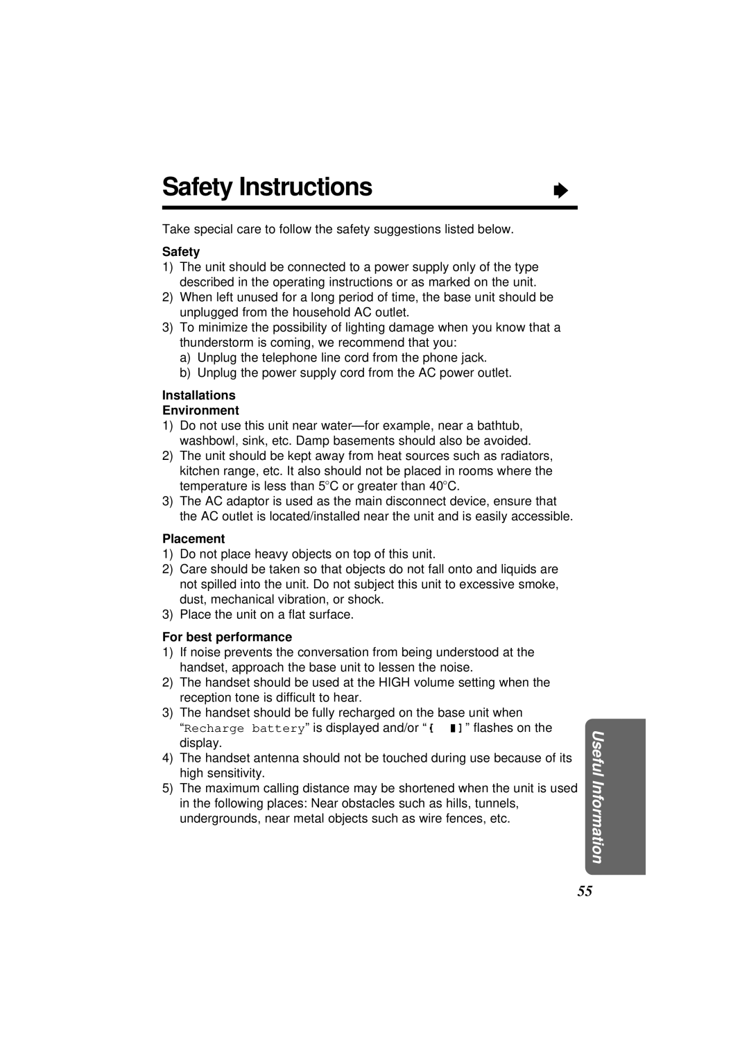 Panasonic KX-TC1851NZB, KX-TC1851ALB Safety Instructions, Installations Environment, Placement, For best performance 