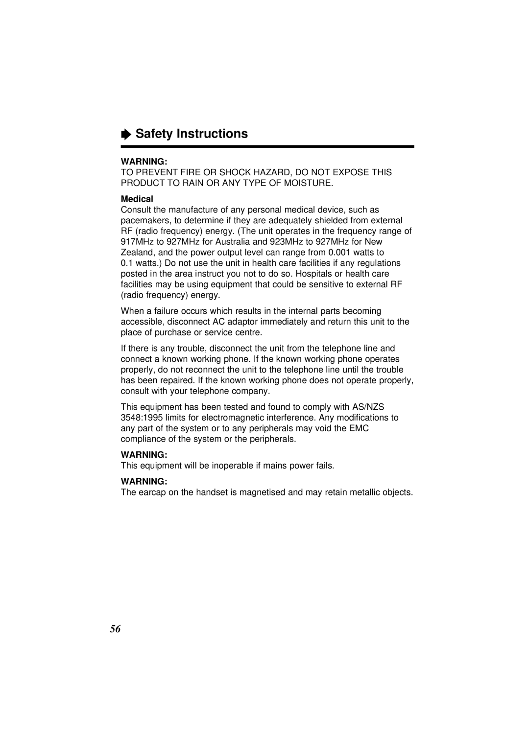 Panasonic KX-TC1851ALB, KX-TC1851NZB operating instructions Safety Instructions, Medical 