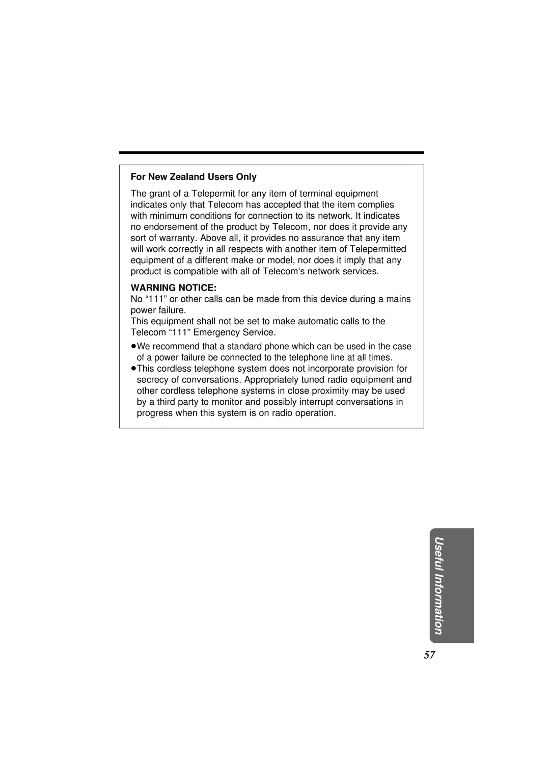 Panasonic KX-TC1851NZB, KX-TC1851ALB operating instructions For New Zealand Users Only 