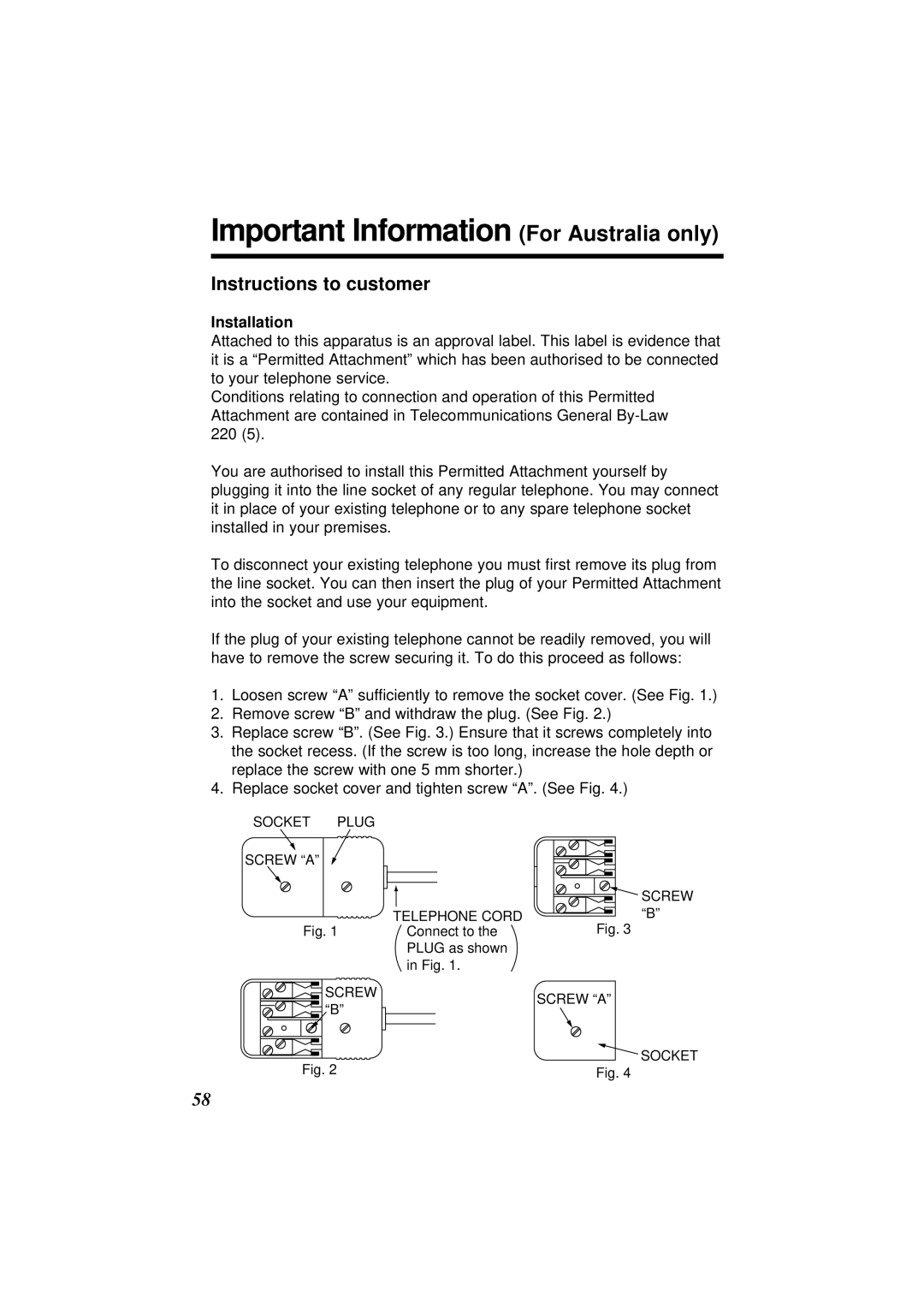 Panasonic KX-TC1851ALB, KX-TC1851NZB Important Information For Australia only, Instructions to customer, Installation 