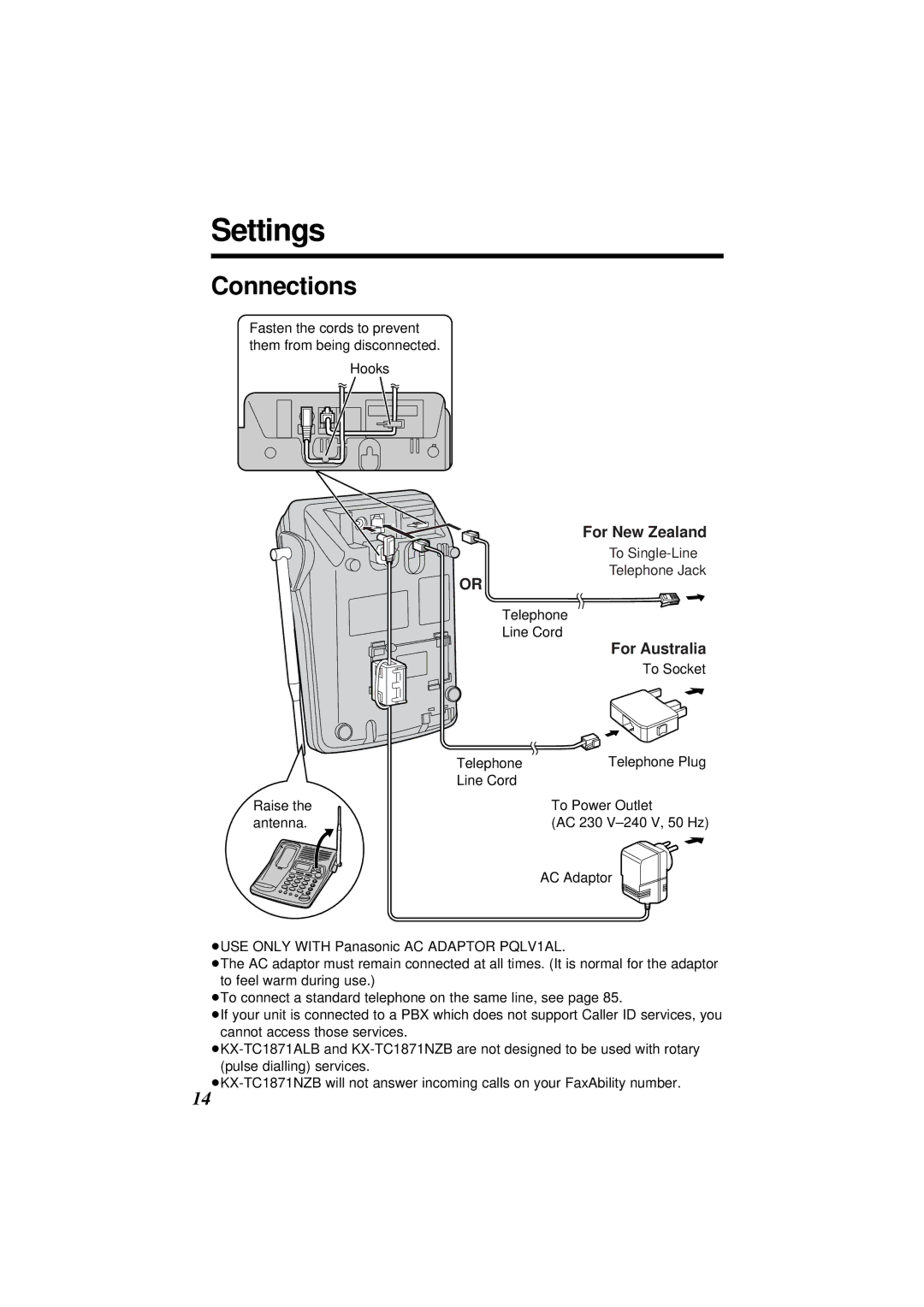 Panasonic KX-TC1871ALB, KX-TC1871NZB operating instructions Settings, Connections 