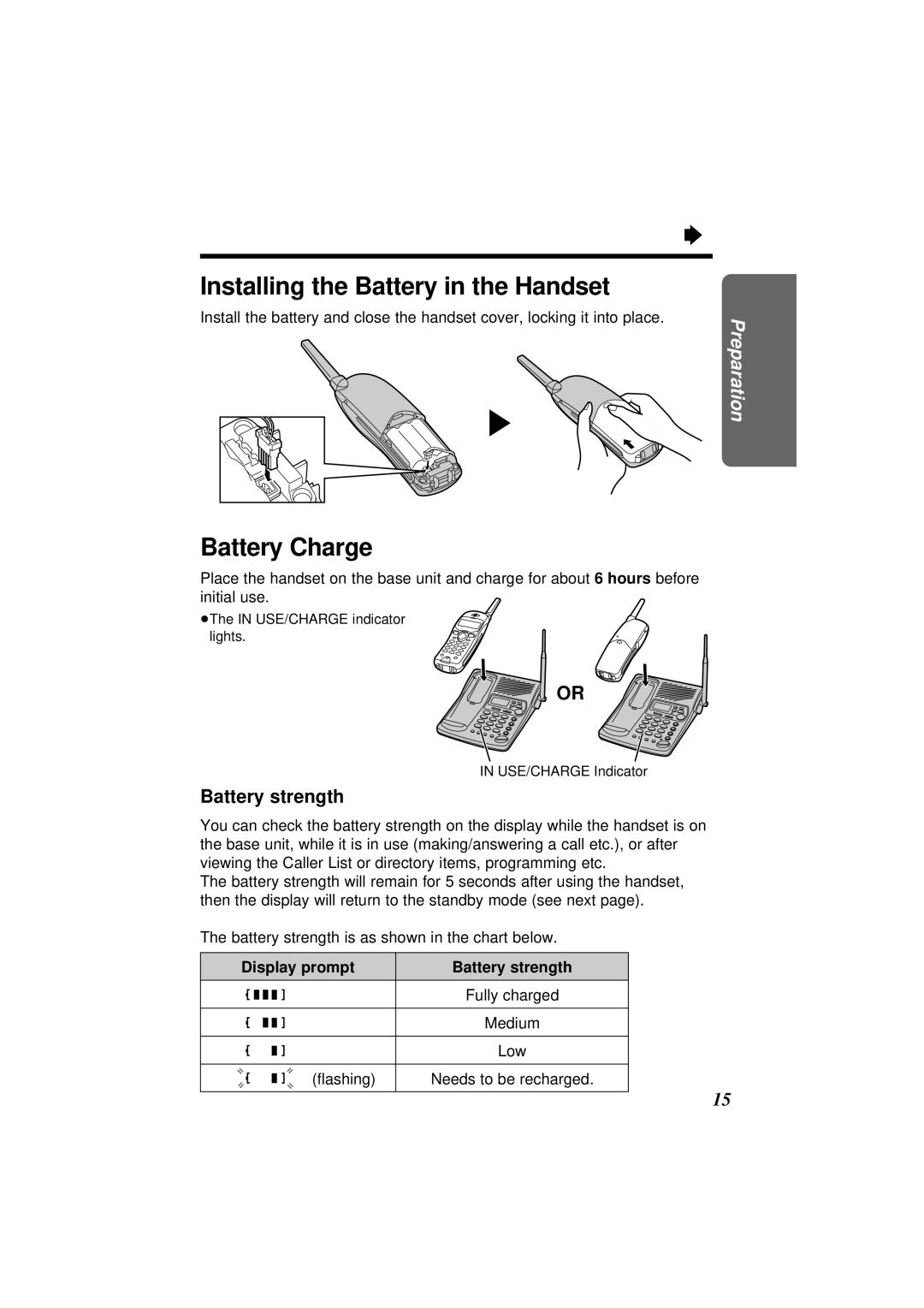 Panasonic KX-TC1871NZB, KX-TC1871ALB Installing the Battery in the Handset, Display prompt Battery strength 