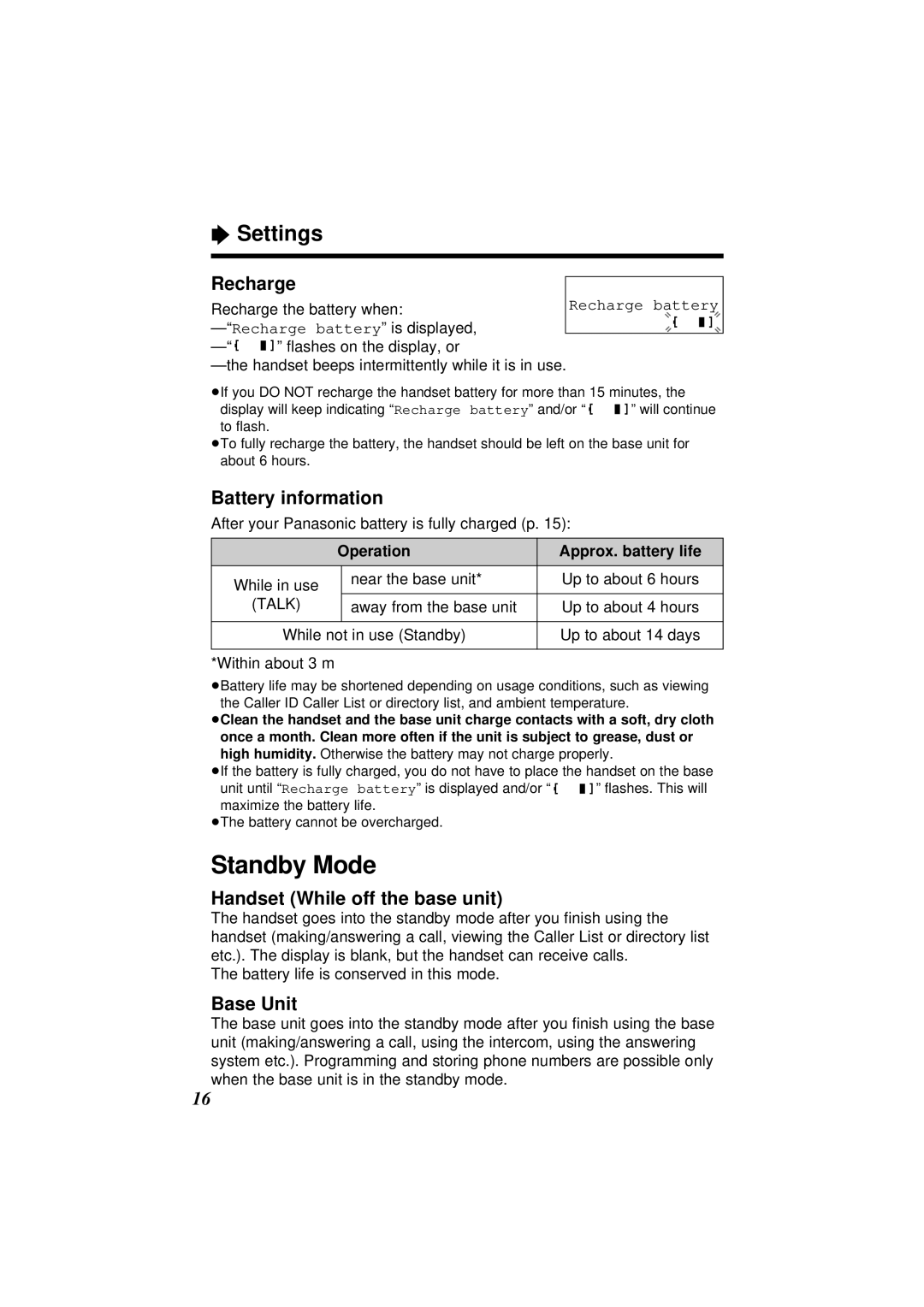 Panasonic KX-TC1871ALB Standby Mode, Settings, Recharge, Battery information, Handset While off the base unit 