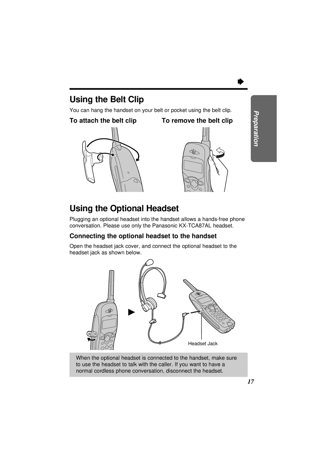 Panasonic KX-TC1871NZB Using the Belt Clip, Using the Optional Headset, To attach the belt clip To remove the belt clip 