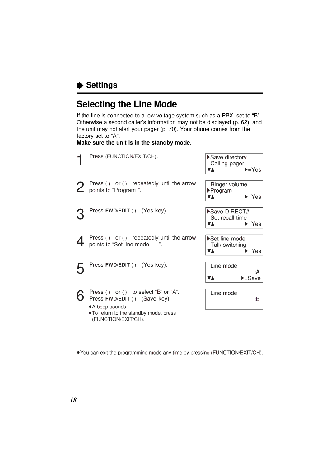 Panasonic KX-TC1871ALB, KX-TC1871NZB Selecting the Line Mode, Make sure the unit is in the standby mode 