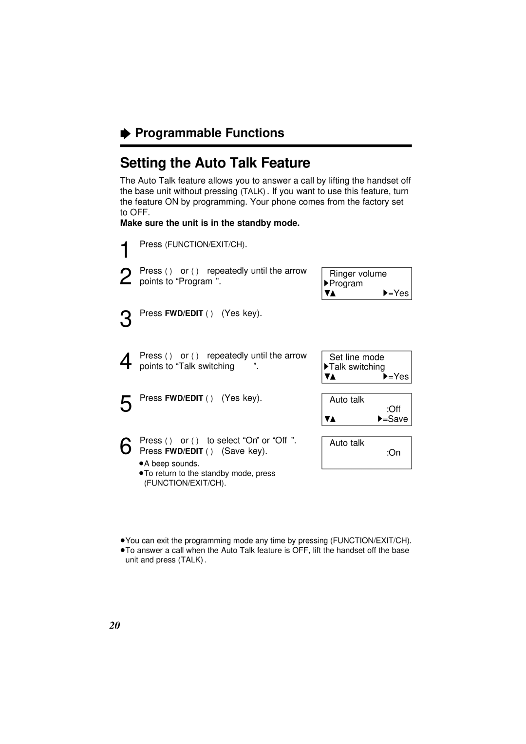 Panasonic KX-TC1871ALB Setting the Auto Talk Feature, Programmable Functions, Ringer volume 1Program 43 1=Yes 