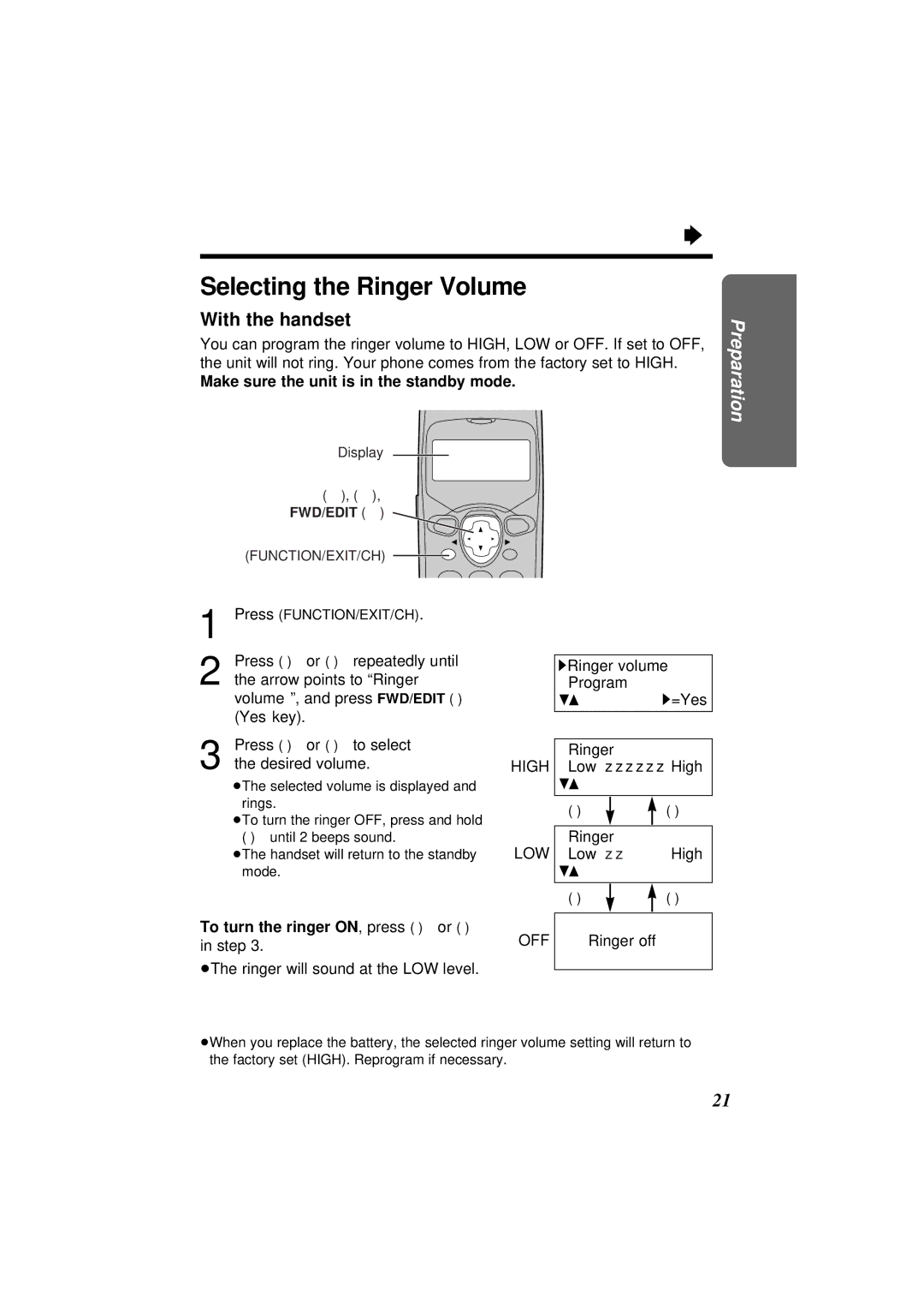 Panasonic KX-TC1871NZB To turn the ringer ON, press Ü or Ý in step, 1Ringer volume Program 43 1=Yes, High, Ringer off 