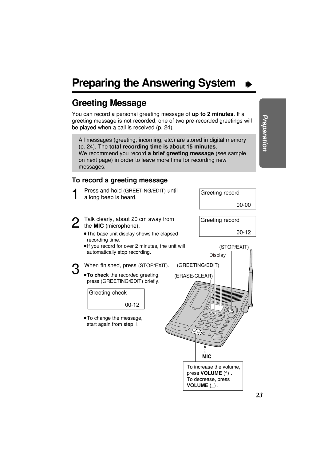 Panasonic KX-TC1871NZB, KX-TC1871ALB Preparing the Answering System Ò, Greeting Message, To record a greeting message 