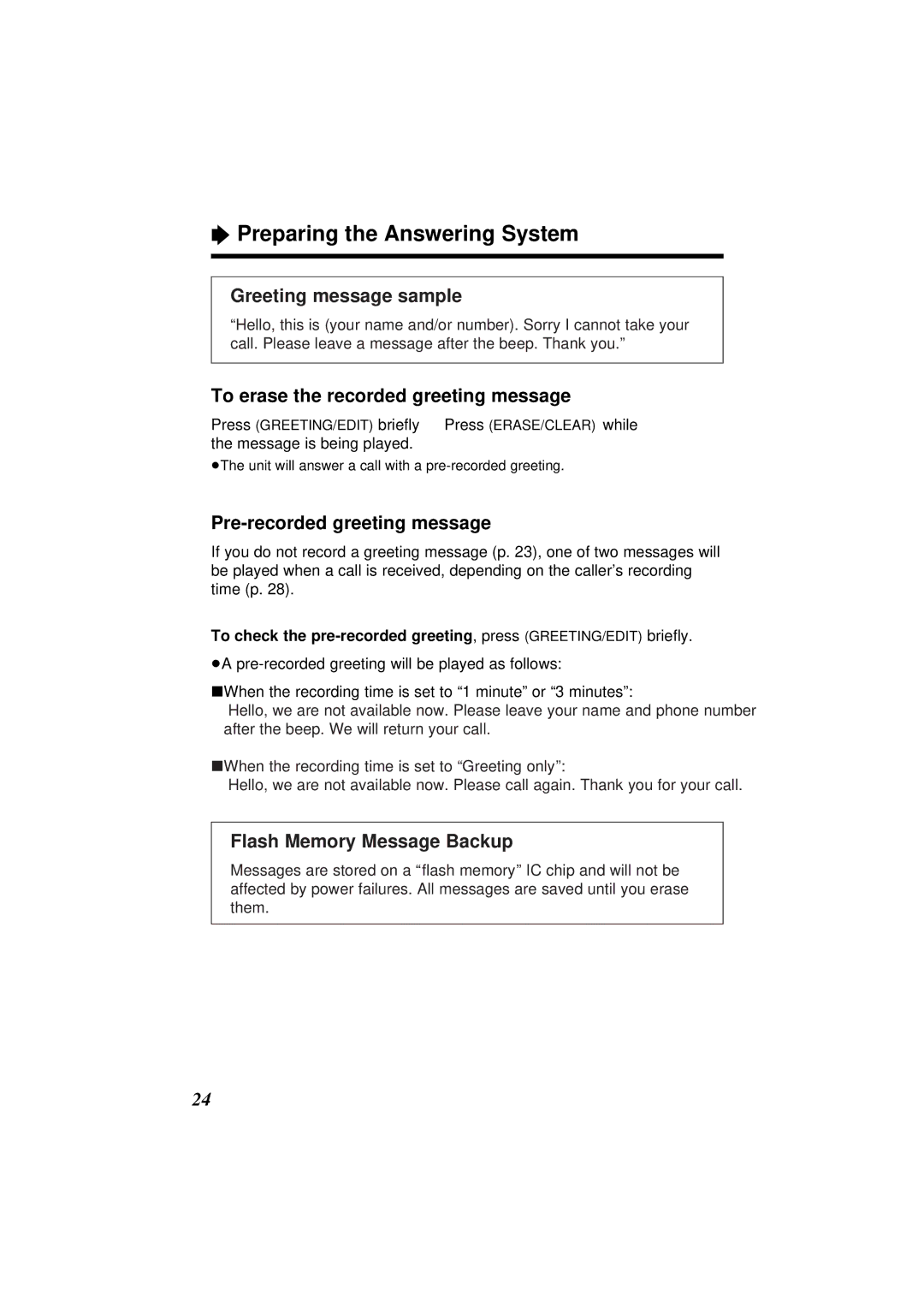 Panasonic KX-TC1871ALB Preparing the Answering System, Greeting message sample, To erase the recorded greeting message 