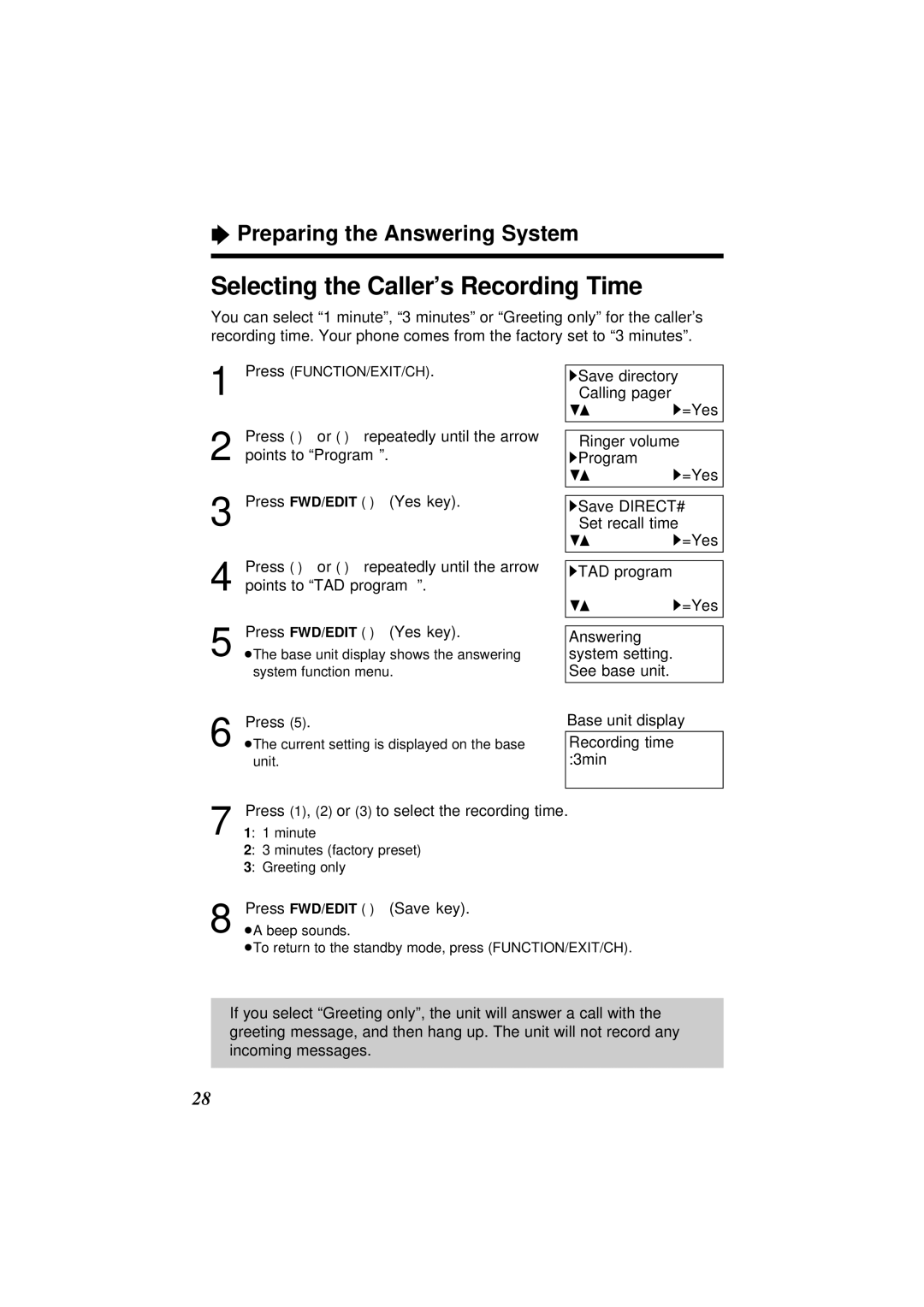 Panasonic KX-TC1871ALB, KX-TC1871NZB operating instructions Selecting the Caller’s Recording Time, Recording time 3min 