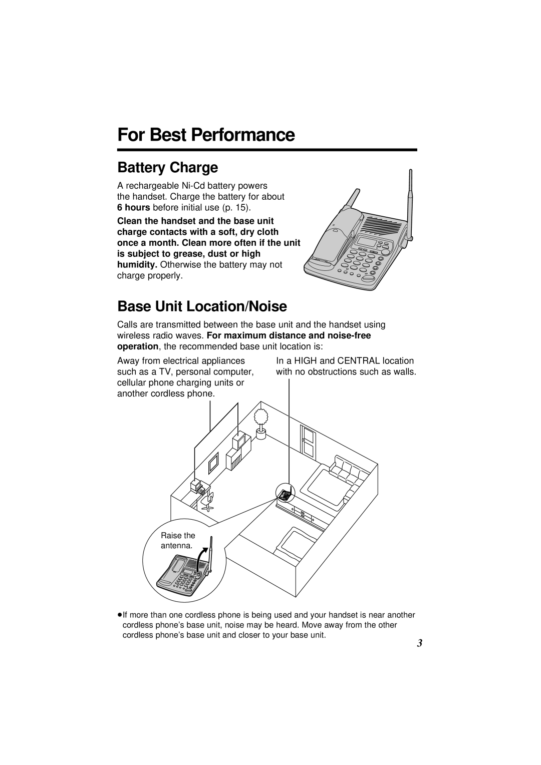 Panasonic KX-TC1871NZB, KX-TC1871ALB operating instructions For Best Performance, Battery Charge, Base Unit Location/Noise 