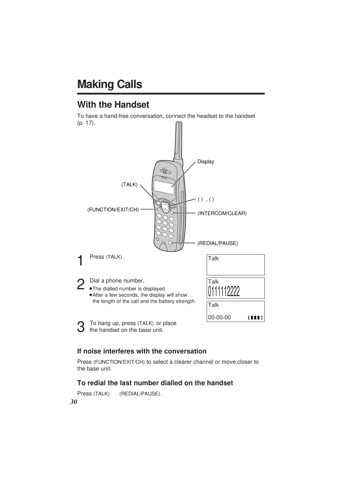 Panasonic KX-TC1871ALB Making Calls, With the Handset, If noise interferes with the conversation, Talk 00-00-00 