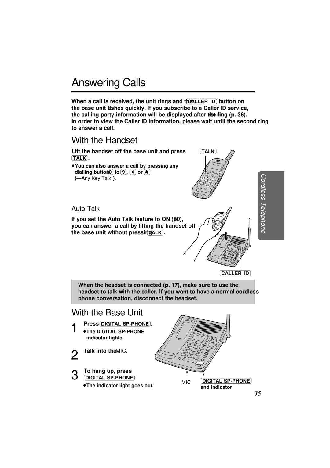 Panasonic KX-TC1871NZB Answering Calls, With the Base Unit, Auto Talk, Lift the handset off the base unit and press 