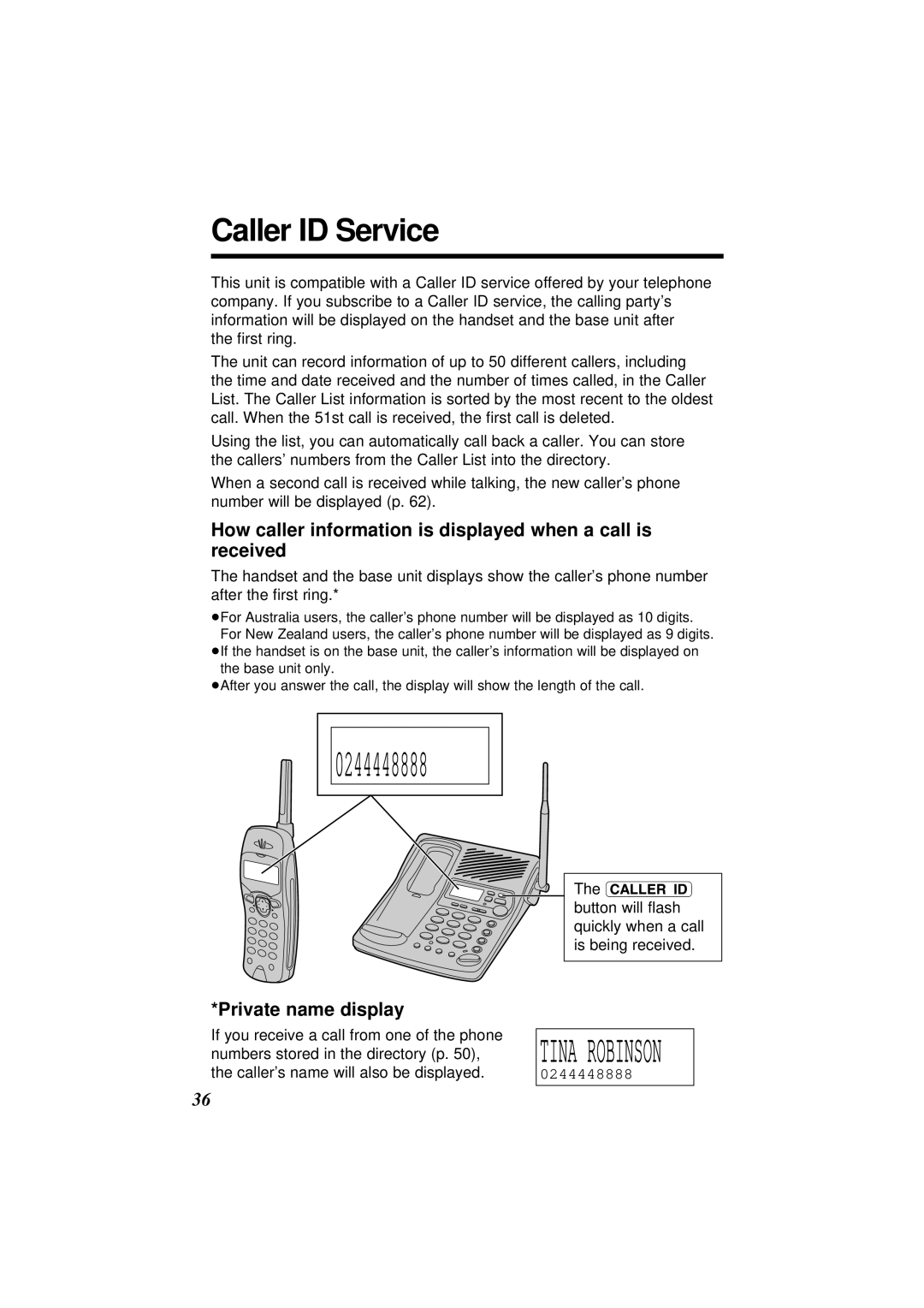 Panasonic KX-TC1871ALB Caller ID Service, How caller information is displayed when a call is received, 0244448888 